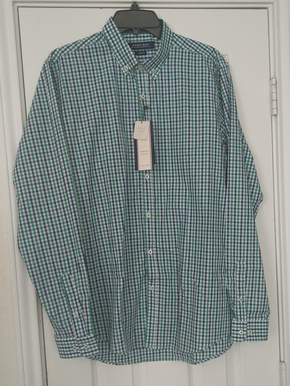 Zara ManGingham Check Button-Down Long Sleeve Green & White Slim Fit Shirt Sz L